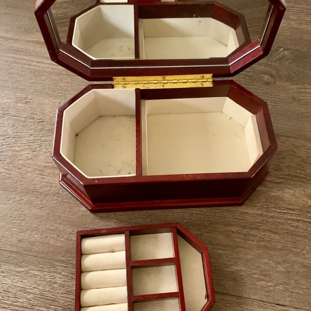 vintage octagon Wooden Jewelry Box With Mirror